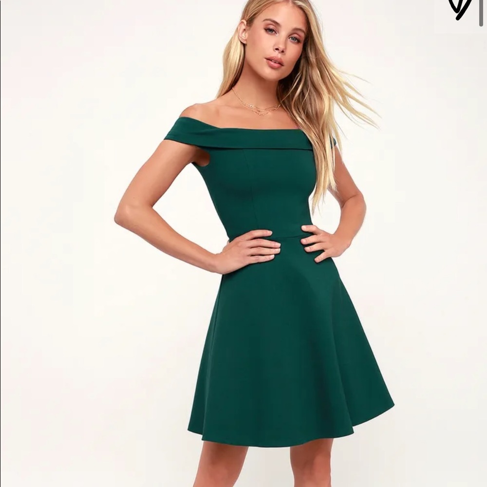 Forest green off the shoulder skater dress